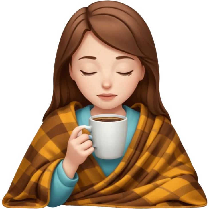 brown-haired white girl inside a blanket sipping coffee eyes closed emoji