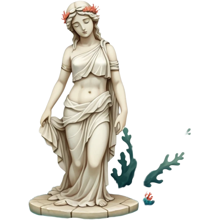 sunken white female greek statue, broken, include water and coral in the sea, sea weed, fish emoji