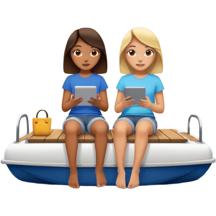 Girls sitting on a pontoon boat watching iPad at sunset emoji