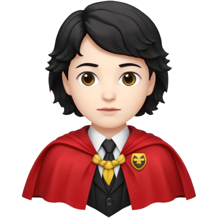 Pale skin, short black wavy hair, red and black cape, tie. A traditional vampire look. emoji