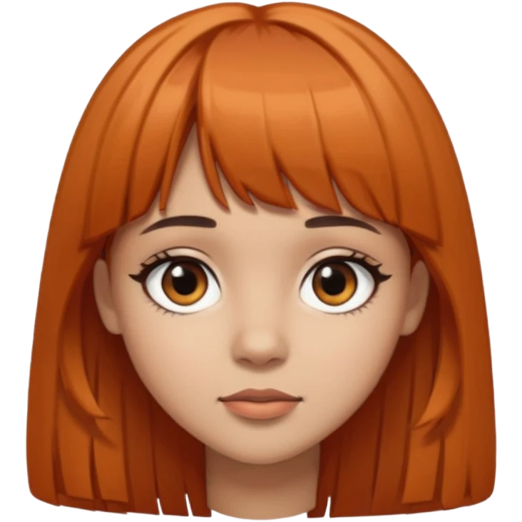 Light skin girl, black to brown orange-ish hair, big brown eyes and medium straight hair with bangs above the eyebrow  emoji
