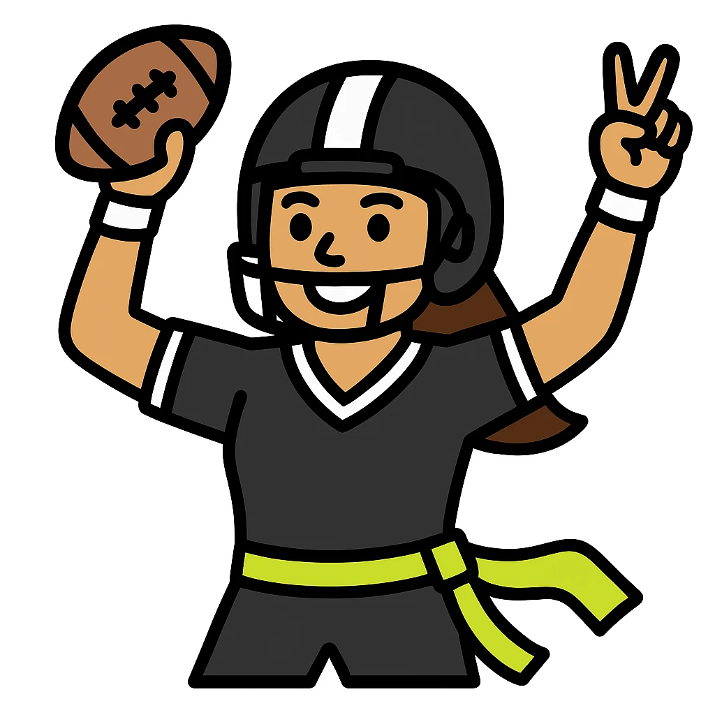 Update to show a woman celebrating a flag football touchdown, wearing a helmet, a black uniform with white accents, and a lemon lime colored flag belt around her waist, holding a football. No country flags. Keep the background transparent. emoji