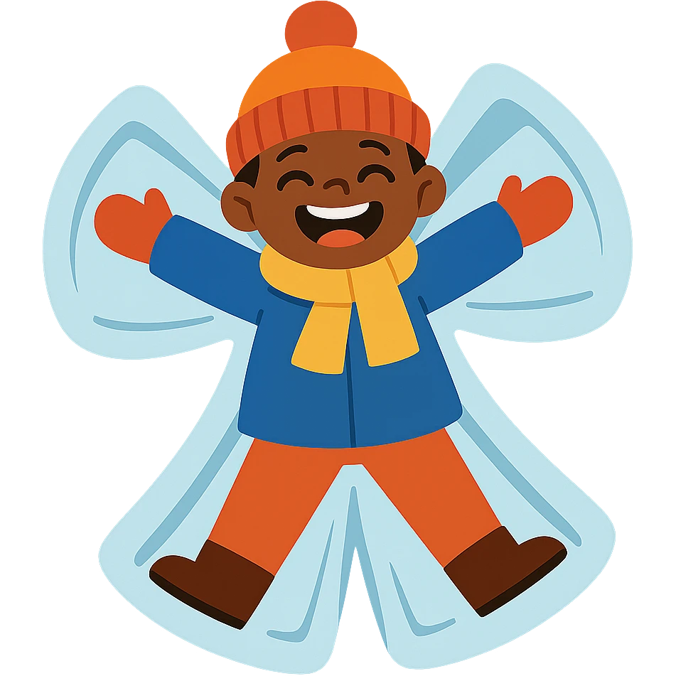 happy child making a snow angel, bundled up in winter clothes, smiling widely emoji