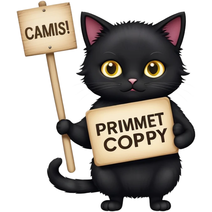 Black Cat holding a sign with the inscription "PrimeCopy" emoji