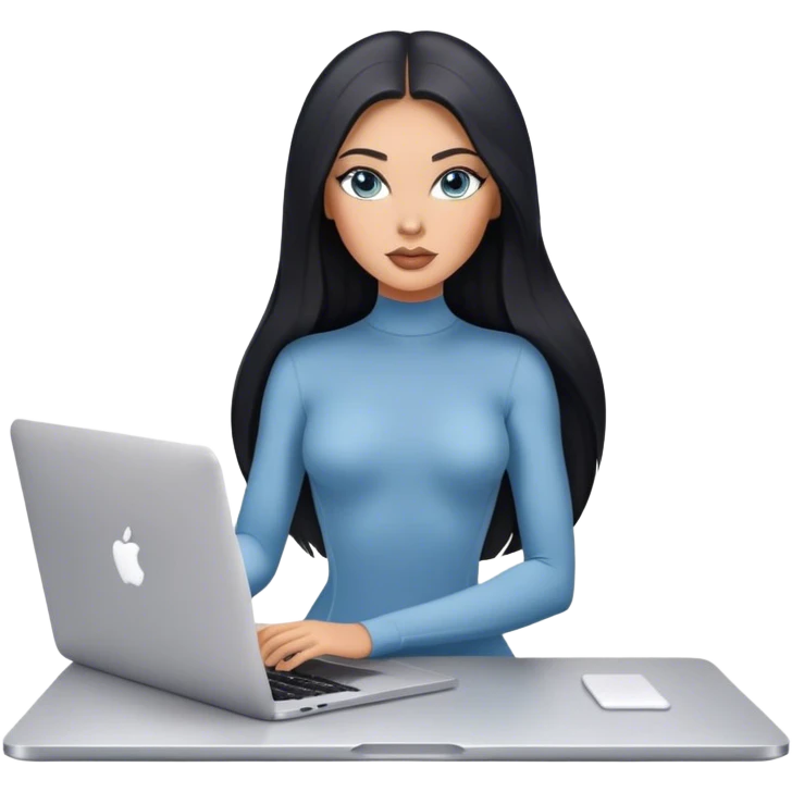 Glamours tanned very beautiful girl with pump nude lips and black straight smooth long hair, blue-grey eyes in bodysuit with one MacBook. emoji