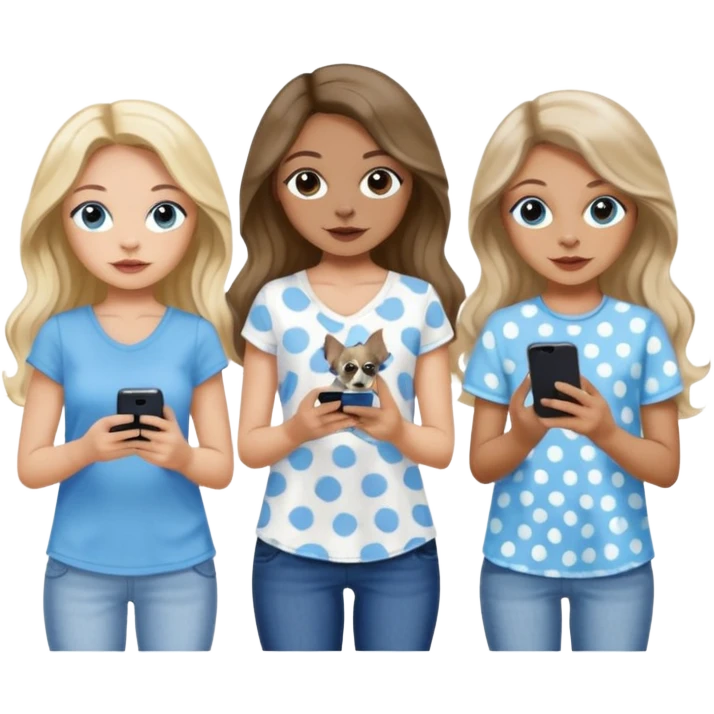 Three women in summer clothes holding iPhone, hazel eyed light skin with dark blonde long hair and light skin hazel eyed long wavy dark hair, blue eyed light skin long blonde hair walking 2 dogs,blue and gray spotted Merle Frenchie, black and tan chihuahua  emoji