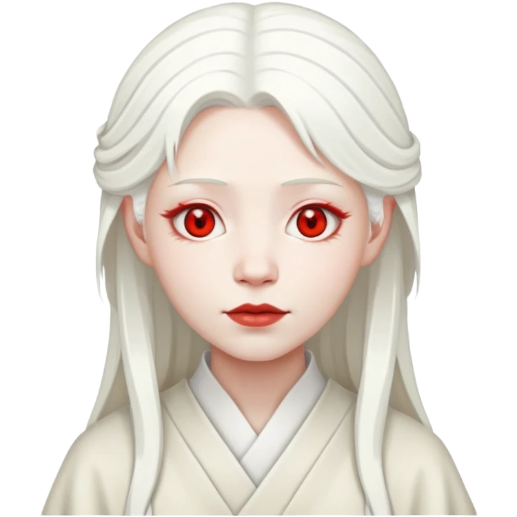forty year old albino shrine maiden with white hair, red eyes, and pale face emoji