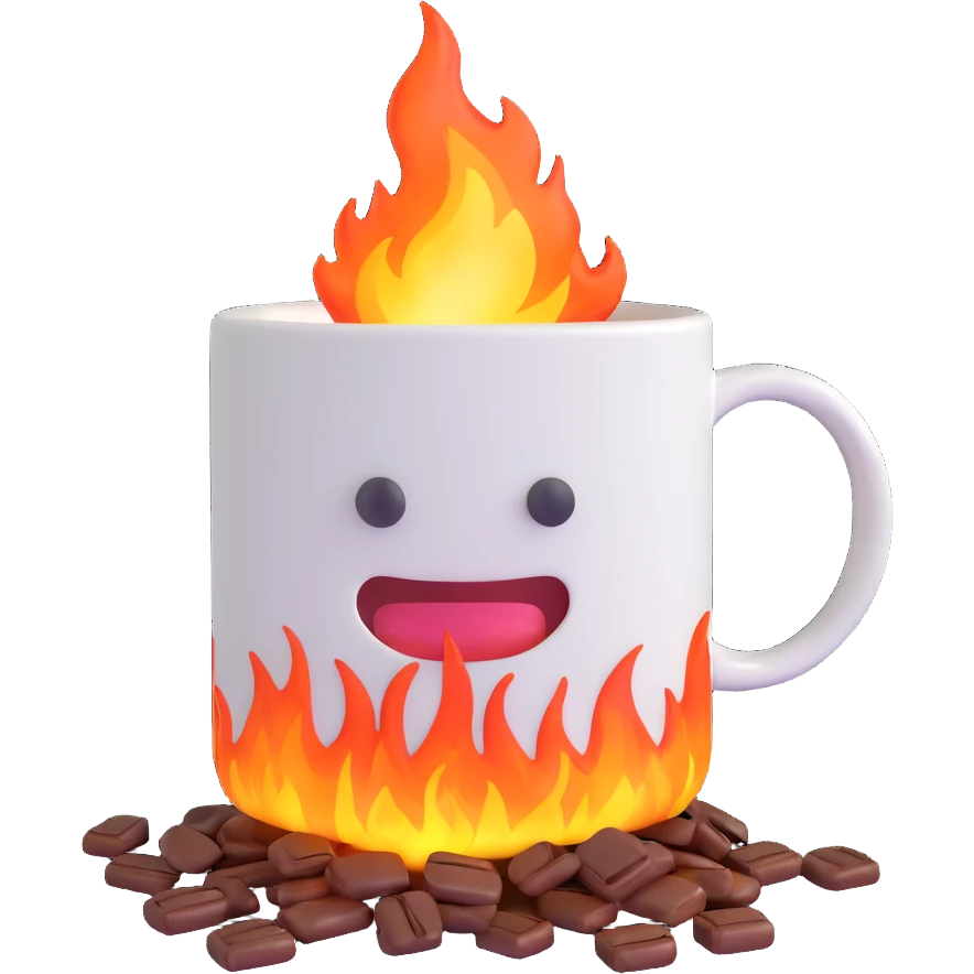 A white mug with burning coffee emoji