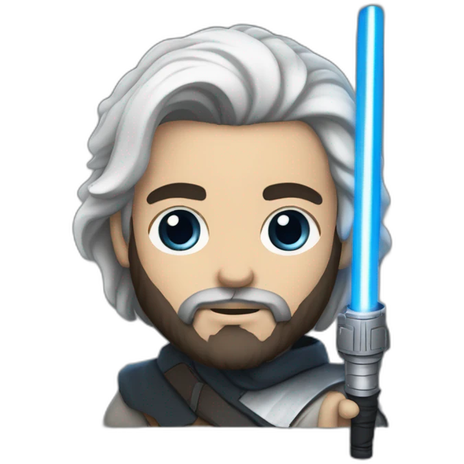 A white Portuguese with black and medium-length hair and a beard that holds a blue lightsaber emoji