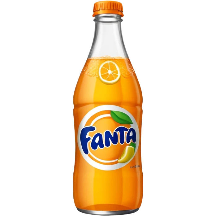 Una botella de cristal con el logo de Fanta con Fanta de limón dentro de color amarillo emoji