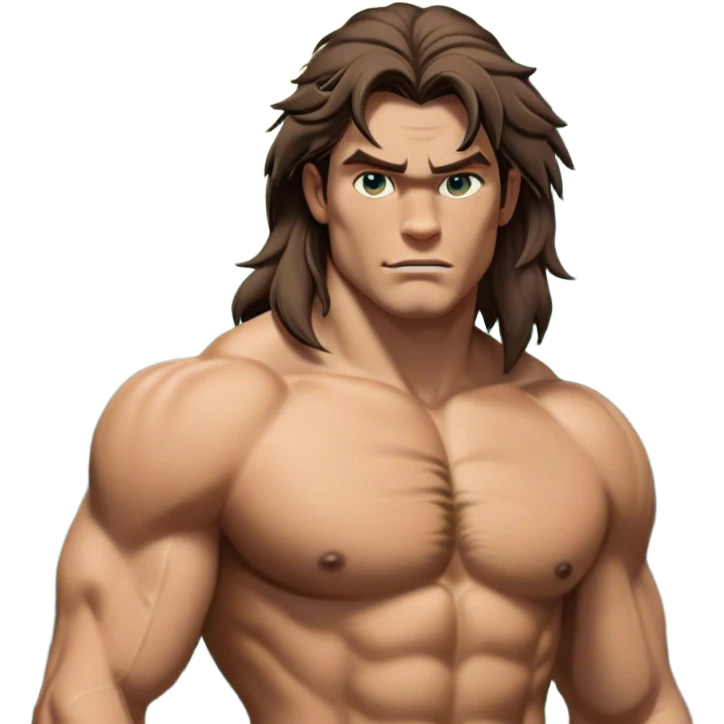 Cinematic Realistic Tarzan Portrait, depicted with lifelike, sun-kissed skin and a robust, muscular form that speaks of raw, untamed power. His piercing, soulful eyes and rugged yet gentle expression are framed by tousled hair, while a backdrop of lush jungle foliage and soft, natural lighting accentuate his primal grace and approachable strength. emoji