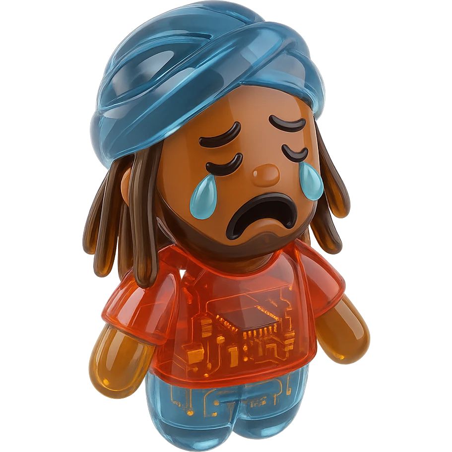 Brownskin man with long brown dreadlocks 
red t-shirt 
blue turban 
expression is crying emoji