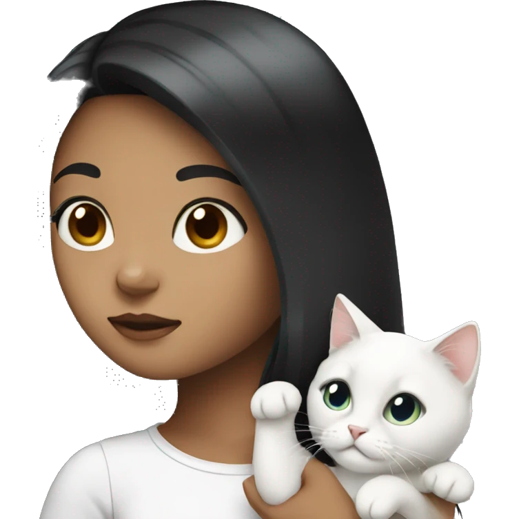 Girl black hair holding white cat  emoji