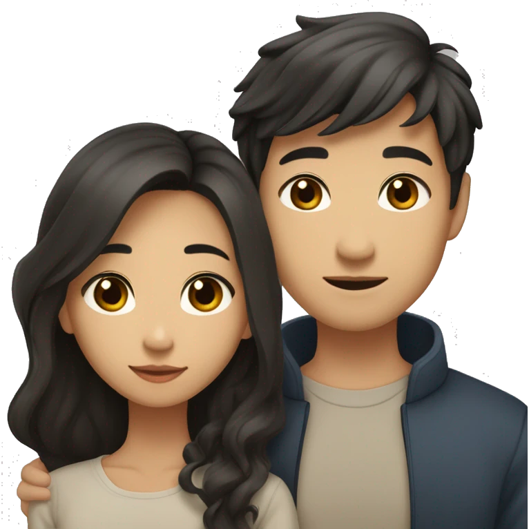 A half pale Asian man with short dark hair and amber eyes embracing and loving a half Asian woman with long wavy dark hair and dark hazel eyes. They love each other a lot And have good fashion taste. emoji