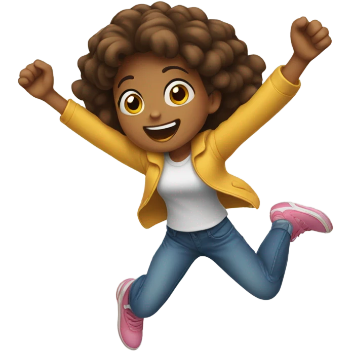 girl jumping making a heart shape with hands emoji