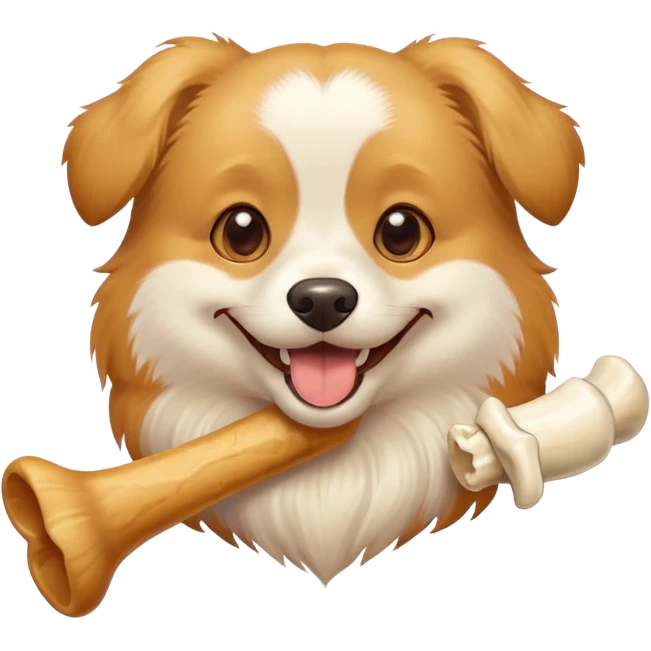 dog holding a bone in its teeth, smiling emoji