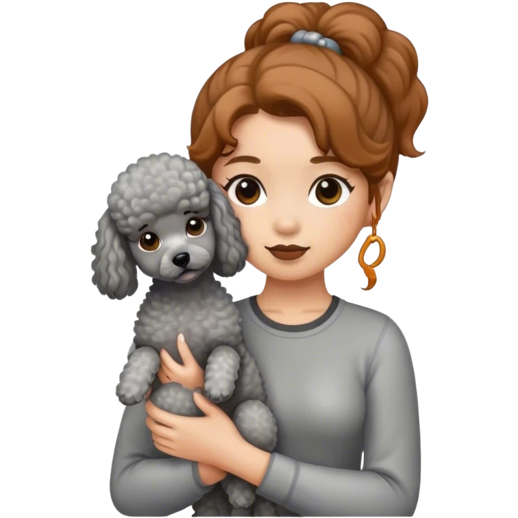 A girl with caramel brown ponytail holding a grey poodle emoji