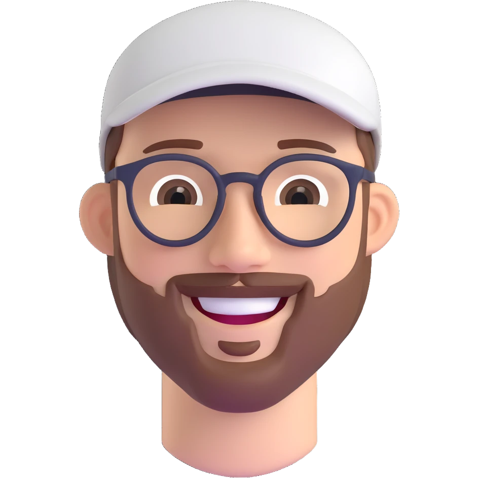 detailed emoji focusing on the face of a smiling man with glasses, white flat cap, and goatee, clean and classic style emoji
