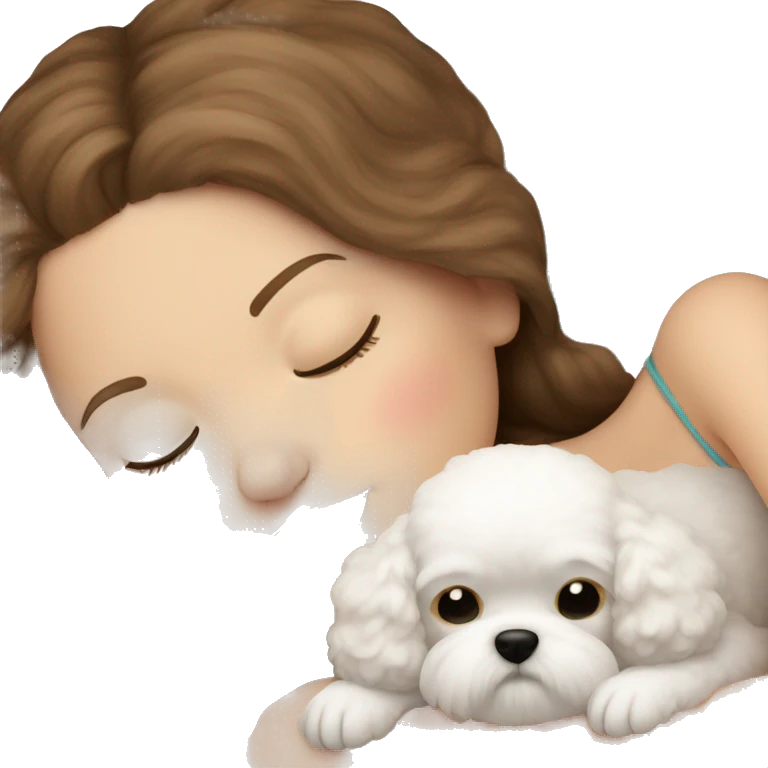 White girl brown hair sleeping with Mini Bichon emoji
