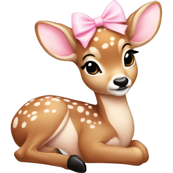 Baby deer with a little light pink bow on its head. The deer is curled up. emoji
