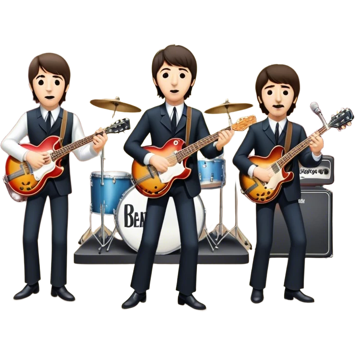 Rock music icon: The Beatles performing live on stage. John Lennon with guitar, Paul McCartney with bass, George Harrison with guitar, Ringo Starr on drums. Bright lights, energetic performance. Transparent background. emoji