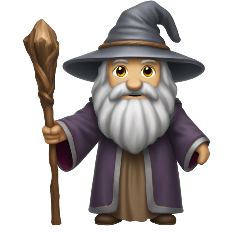 Wizard with long grey beard and silver and greyl robes, holding a wooden staff with a ruby on it emoji