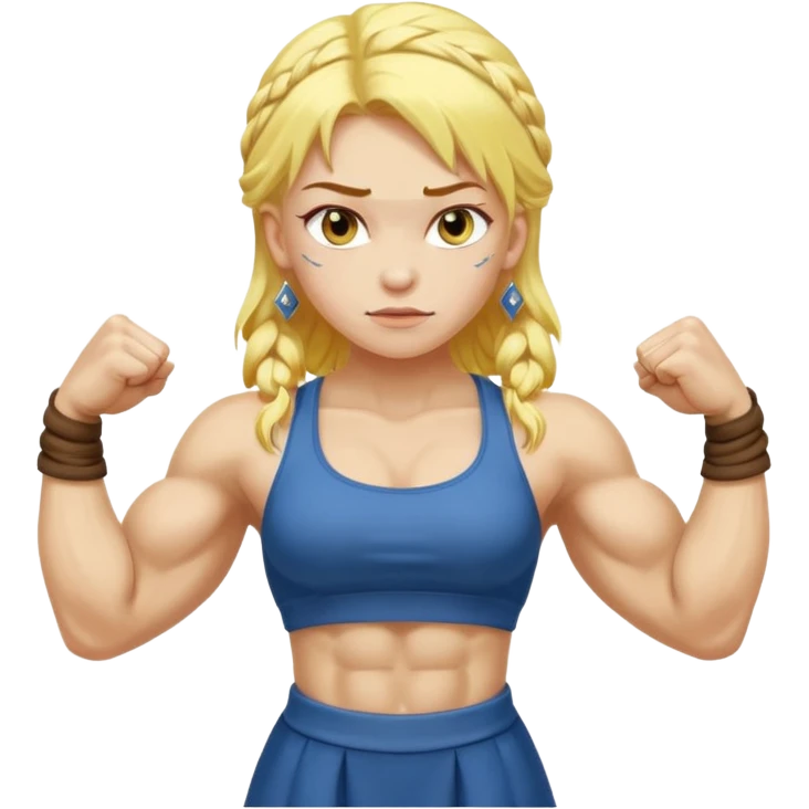 slavic girl, medium size yellow hair, flexing muscles, full body, muscled, with traditional slavic outfit emoji