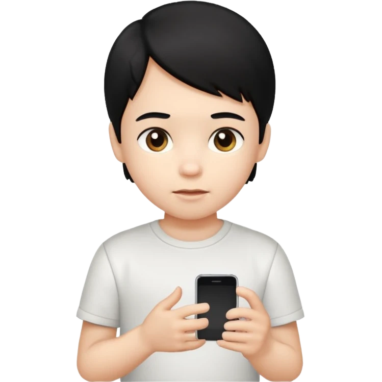 un niño de entre 3 - 10 años jugando con su celular (pelo negro y polo blanco) emoji