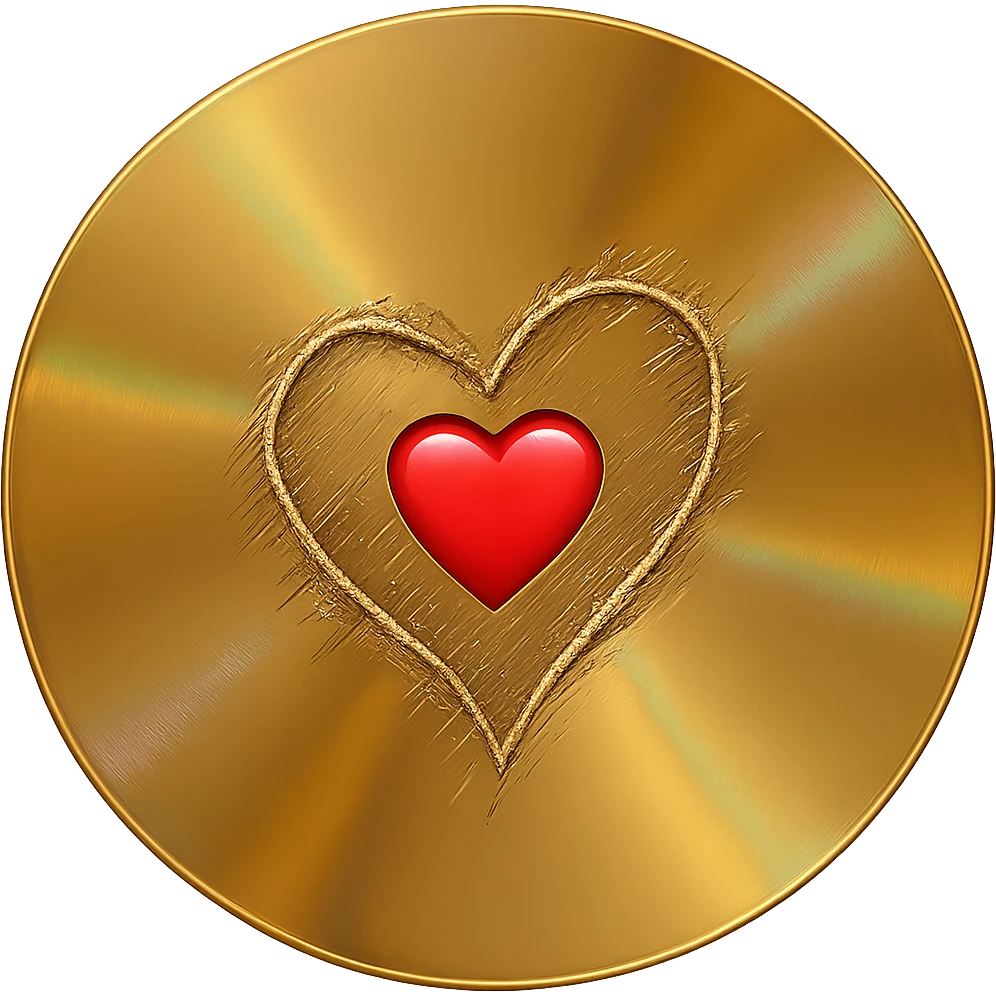 gold CD with a heart shape scratch, emoji, holographic effect emoji