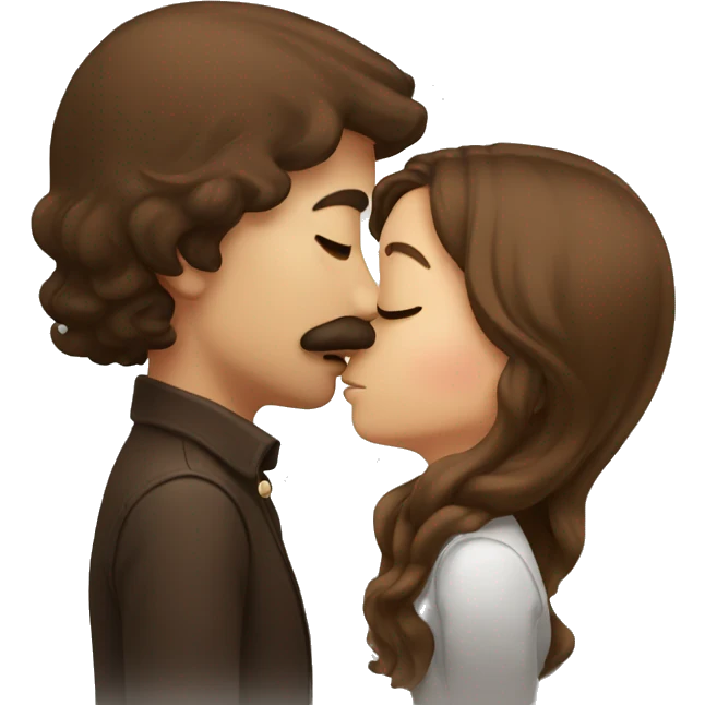Brown haired girl and brown moustache guy kissing emoji
