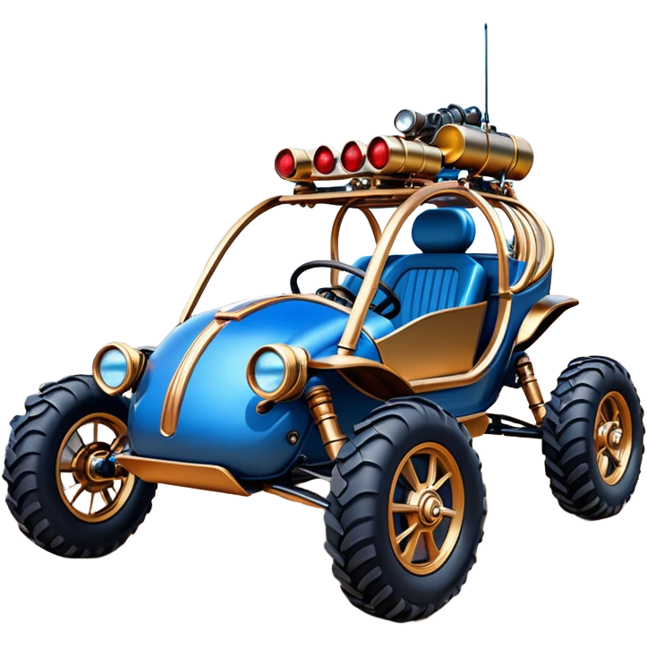  tarnished blue neon underglow C-3PO ghost buster 1964 delicately ornate rosegold wood accents Model-T off road buggy bucket barrel powered by electric motors and batteries with racing safety belts while flying rapidly roughening terrain stable on strong agile advanced suspension and steering emoji
