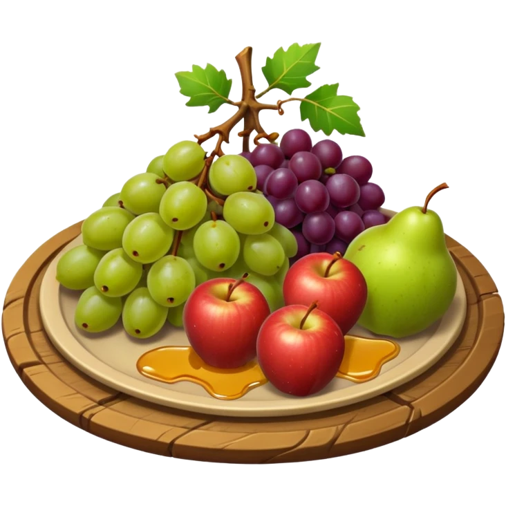 medieval fruit platter object icon, grapes apples pears, rustic plate, small honey drizzle, cozy medieval vibe, 3D cartoon, mobile game icon style, clean background, no text, no watermark
 emoji