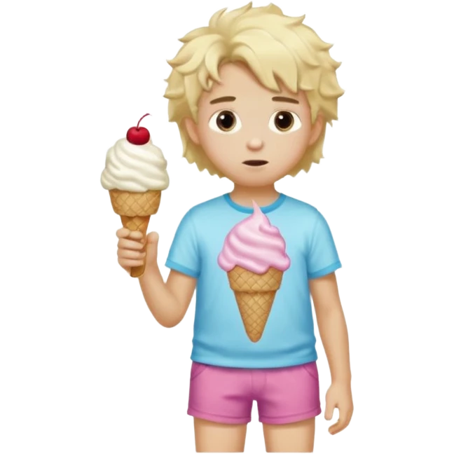 blonde kid with fluffy hair wearing ice cream shorts saying 67 emoji