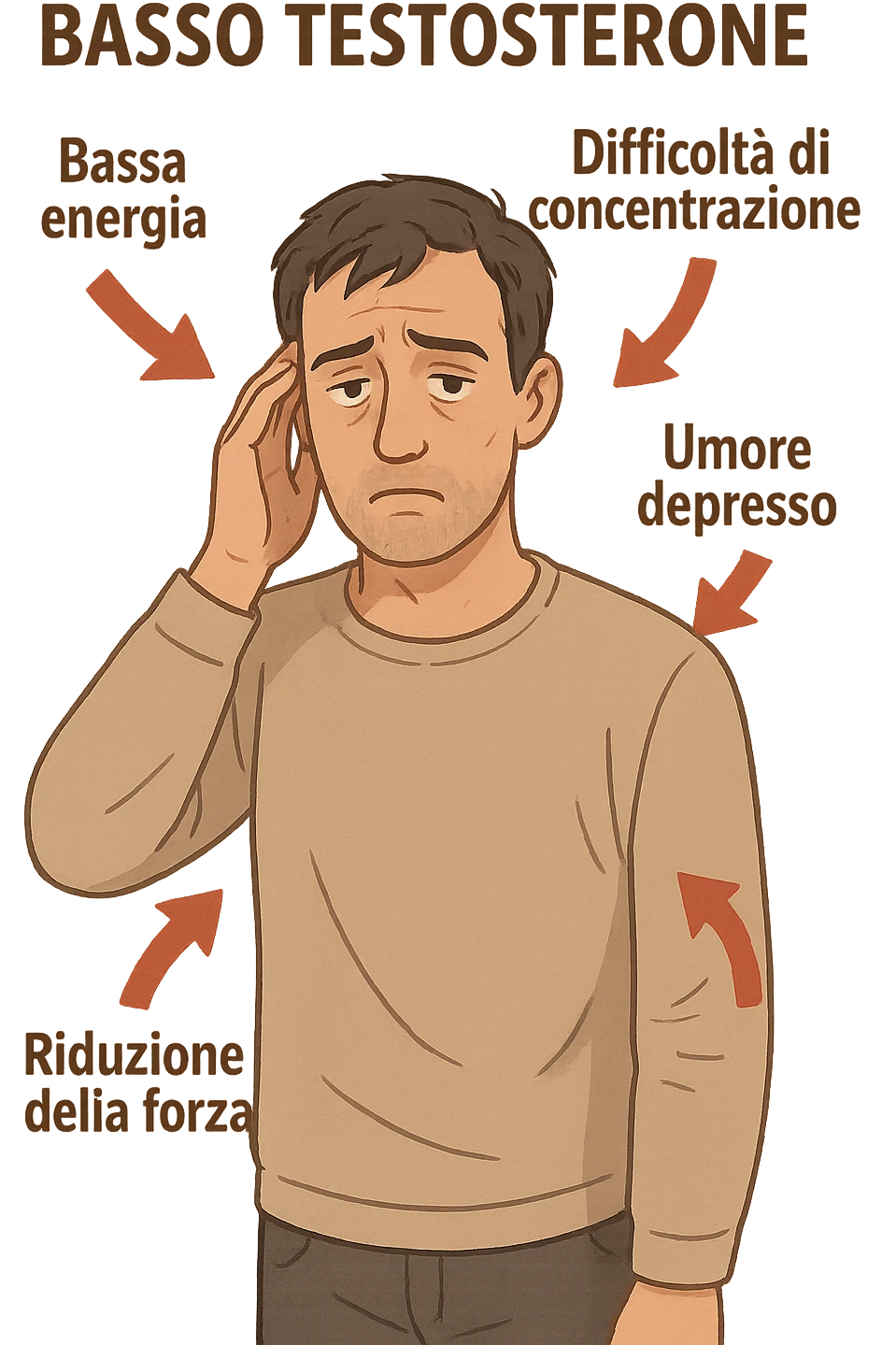  un uomo con espressione affaticata, circondato da frecce rosse che evidenziano sintomi di testosterone basso. Le frecce sono accompagnate da scritte in italiano come “Bassa energia”, “Difficoltà di concentrazione”, “Umore depresso”, “Riduzione della forza”. L’ambiente è semplice, con colori neutri e dettagli realistici. emoji