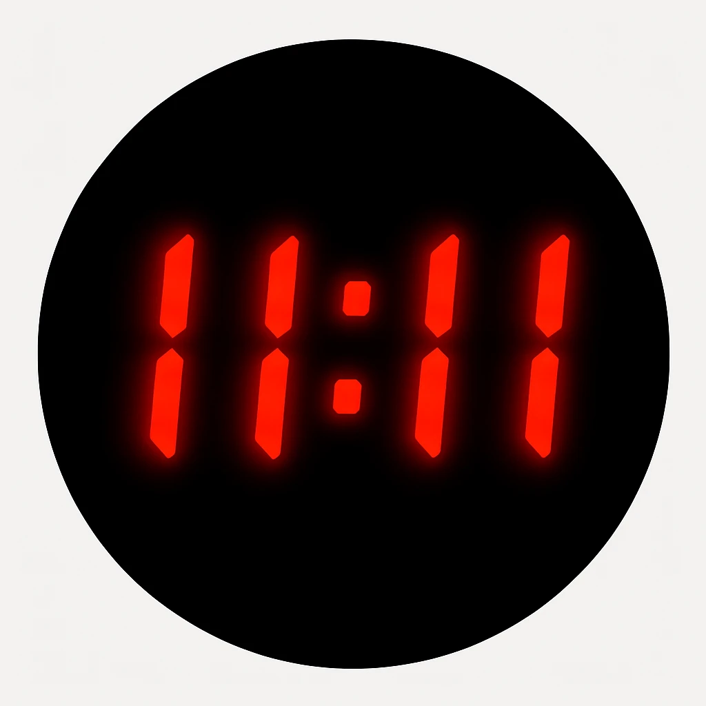 emoji with a black circle background, '11:11' in red segmented digital clock font, glowing effect emoji