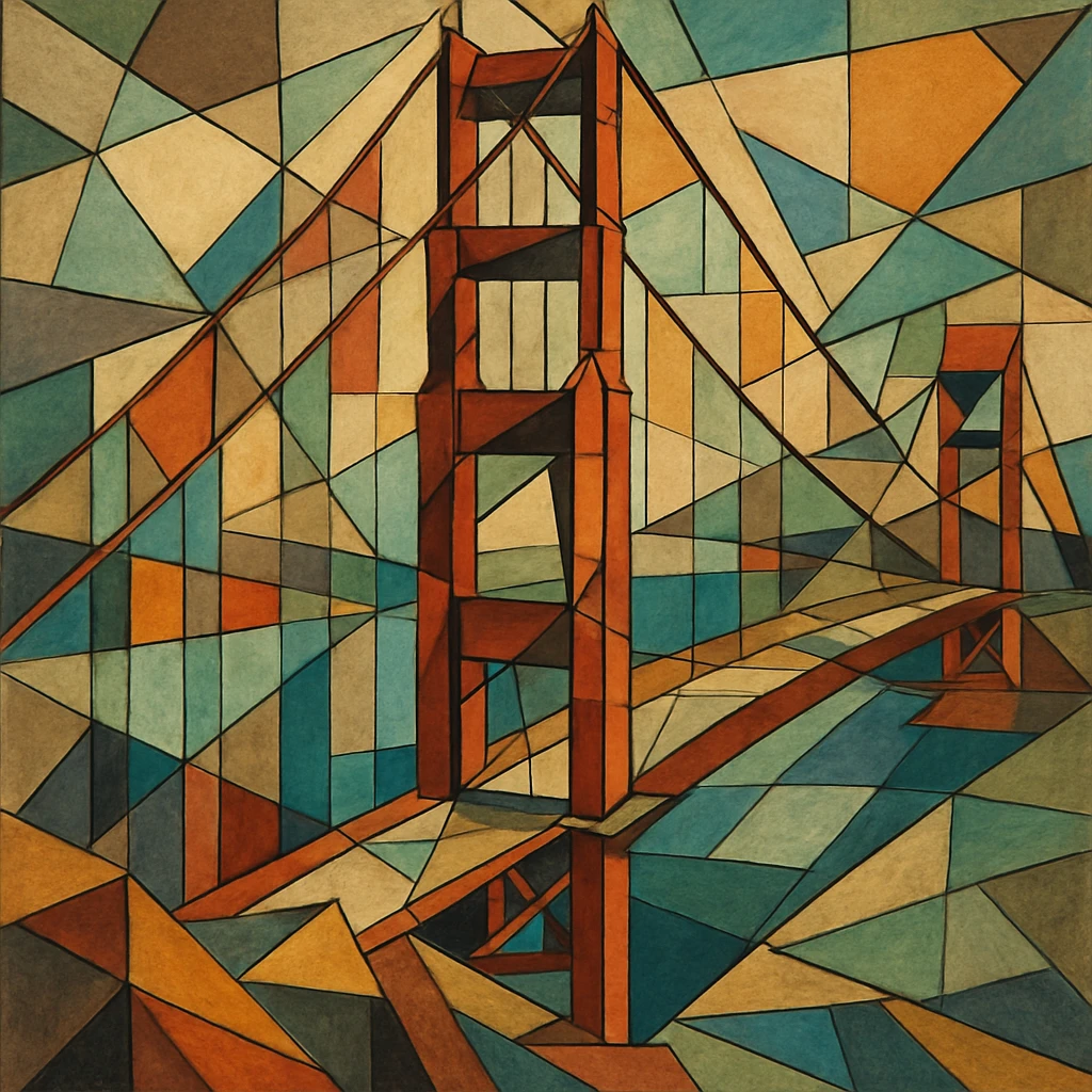{
  "style_description": {
    "name": "Cubist Abstraction",
    "overall_look": "Deconstructed, multi-perspective abstraction with intersecting geometric planes",
    "composition": {
      "structure": "Fractured and fragmented shapes that overlap and intersect",
      "perspective": "Multiple simultaneous viewpoints, often distorted or rotated",
      "layout": "Asymmetrical, collage-like arrangement of visual elements"
    },
    "geometry": {
      "shapes": ["rectangles", "triangles", "trapezoids", "irregular polygons"],
      "edge_style": "hard, angular lines with minimal curves",
      "dimensionality": "flattened depth with layered planes"
    },
    "color": {
      "palette_type": "muted and earthy tones with occasional vivid accents",
      "application": "flat fills, overlapping transparencies, and color-blocked segments",
      "shading": "minimal or abstract, without realistic gradients"
    },
    "texture": {
      "use": "optional",
      "types": ["paper grain", "brushstroke pattern", "canvas roughness"],
      "purpose": "to evoke an analog, hand-rendered quality"
    },
    "subject_treatment": {
      "representation": "symbolic and abstract rather than literal",
      "distortion": "intentional exaggeration and fragmentation of form",
      "focus_on": ["structure", "form relationships", "compositional rhythm"]
    },
    "background": {
      "style": "integrated with subject forms",
      "purpose": "to emphasize the composition rather than isolate figures"
    },
    "render_constraints": {
      "avoid": ["realistic lighting", "photorealism", "perfect symmetry"],
      "encourage": ["overlapping shapes", "multi-angle views", "abstract composition"]
    }
  }
}

{subject} = golden gate bridge emoji