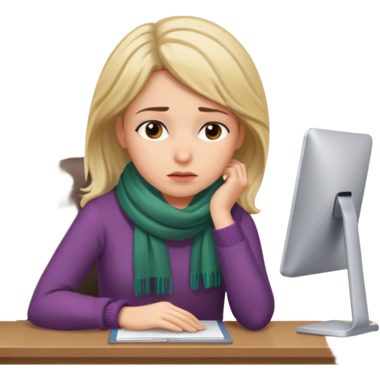 Person sitting at desk, looking tired, winter outside, woman  emoji