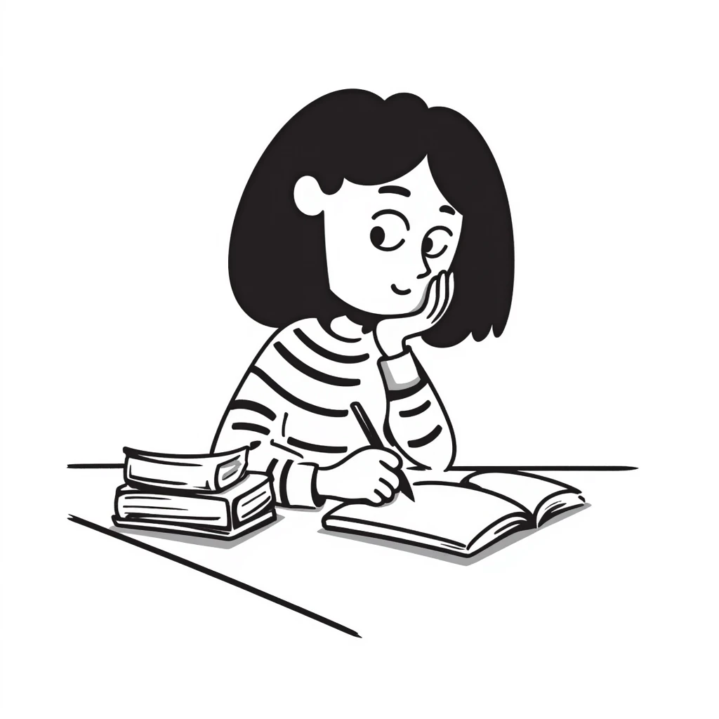 female student sitting at desk, taking notes, attentively listening to a lecture, focused expression emoji
