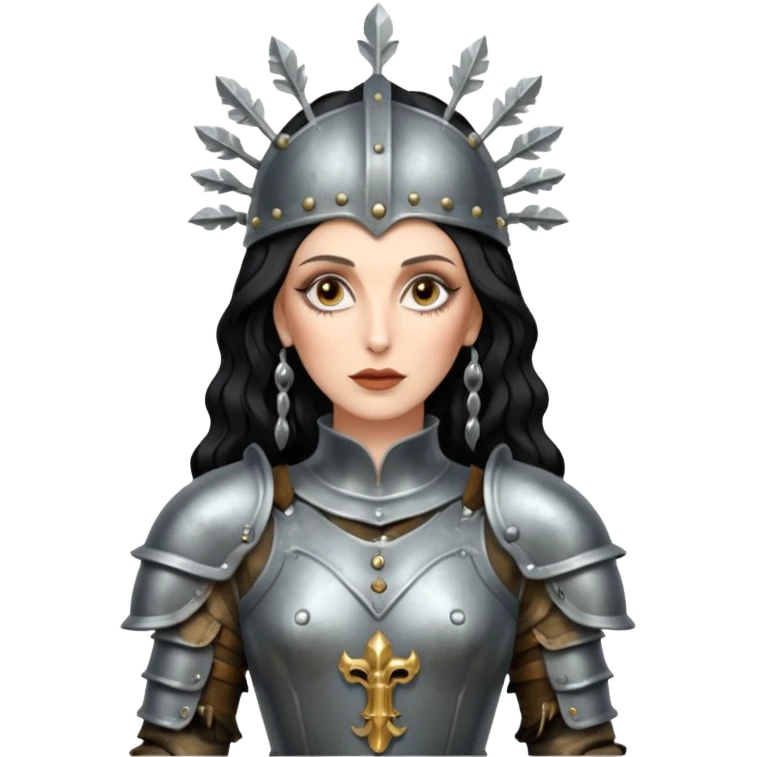 realistic cinematic actress Cher in baroque styling like Joan of Arc dirty damaged armor in a forest emoji