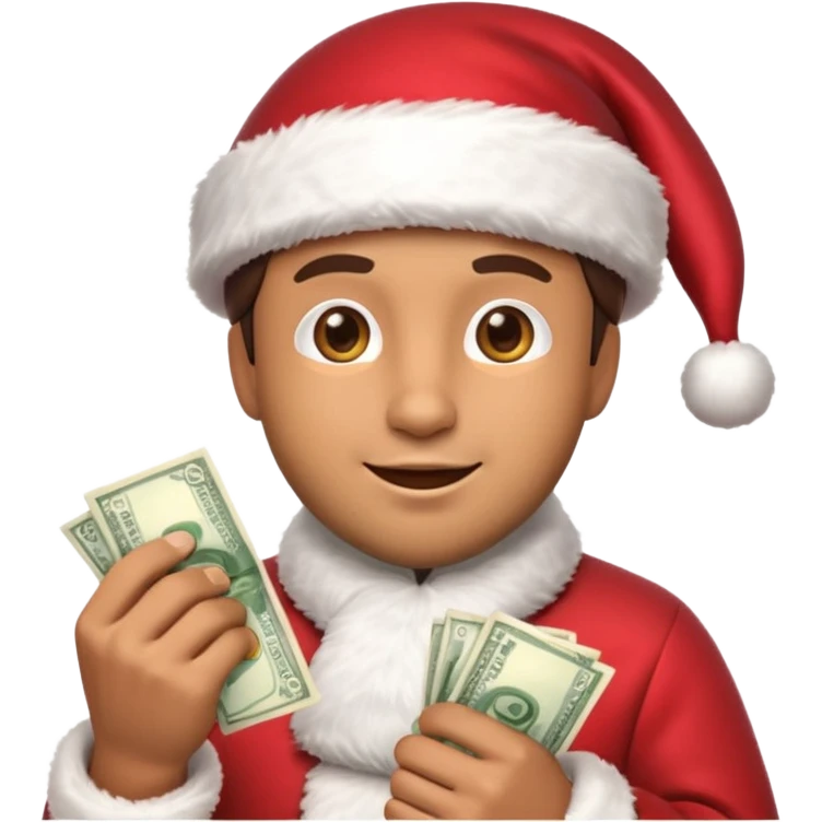 A confident rich emoji face wearing a Santa hat, money stacks, casino vibe, New Year theme, premium 3D emoji style, sharp details, no text, isolated on transparent background emoji