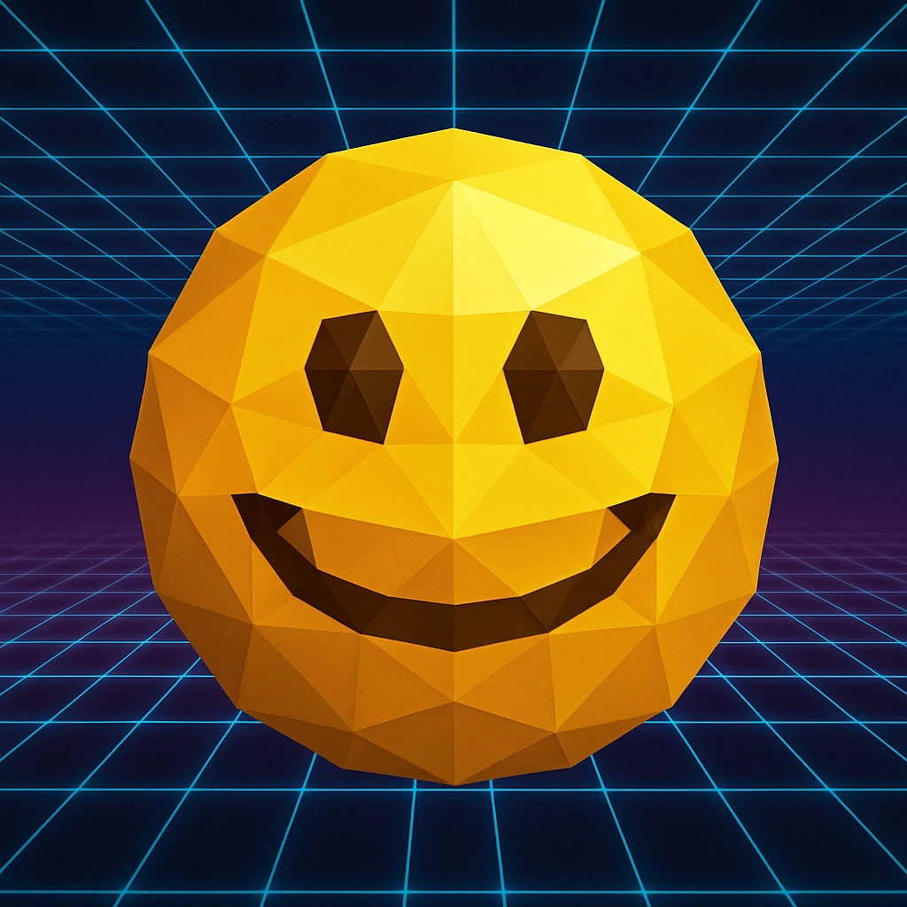 smiley face emoji in polygonal style with Tron 80's neon grid background emoji