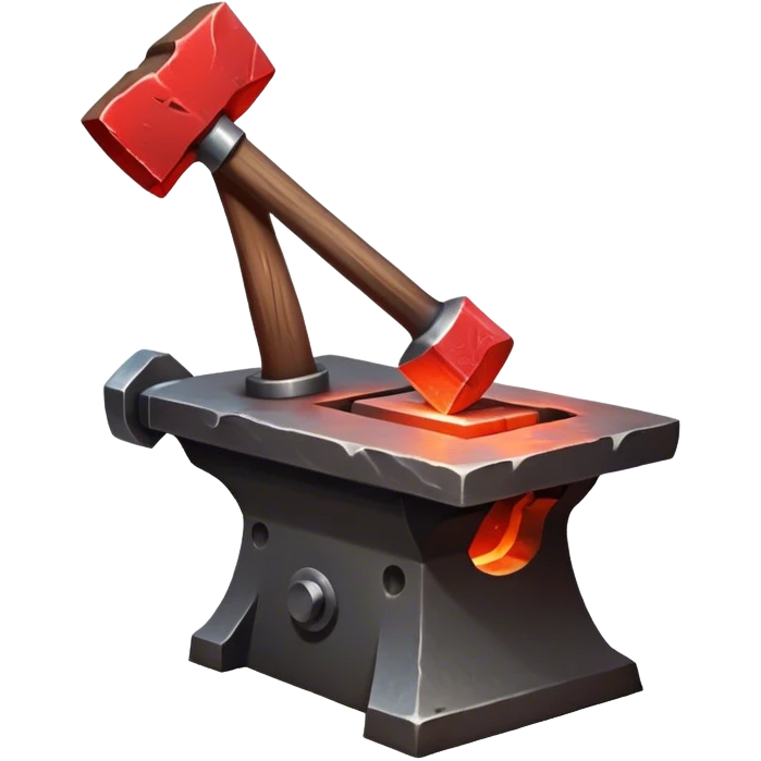 Blacksmithing icon, piece of metal being hammered on an anvil, blacksmith's hammer, sparks flying, glowing red metal, forge in the background, minimalistic style, clean lines, transparent background. emoji
