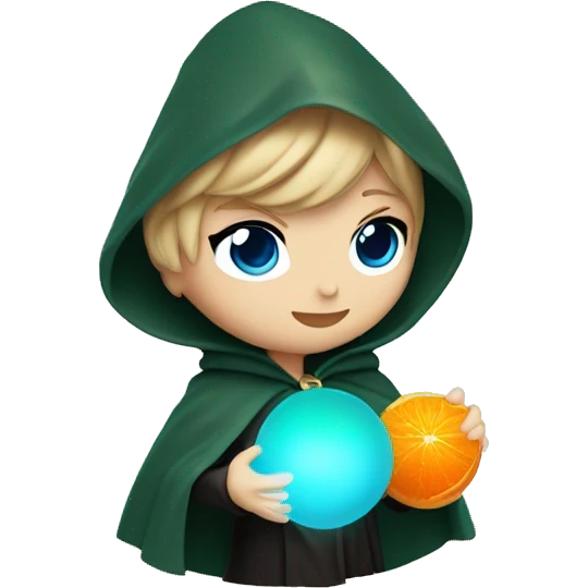 Taylor swift with blue eyes in dark green cloak holding an orange glowing orb emoji