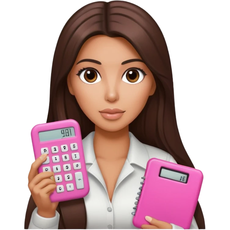 Hyper realistic kim kardashian with long straight brown hair holding a small pink calculator in her hand emoji