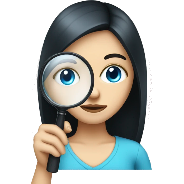 white girl with black hair and blue eyes holding a magnifying glasss emoji