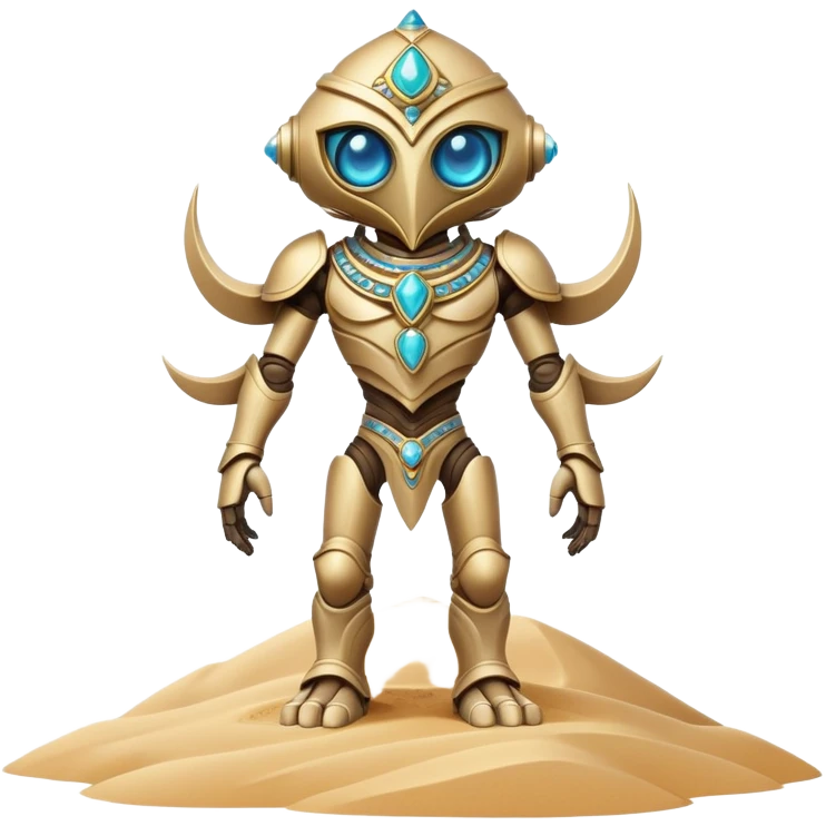 A guardian made of interlocking dunes that forms temporary bodies from compressed sand, adorned with gemstone eyes that change color to warn of approaching sandstorms or oasis locations. full body emoji
