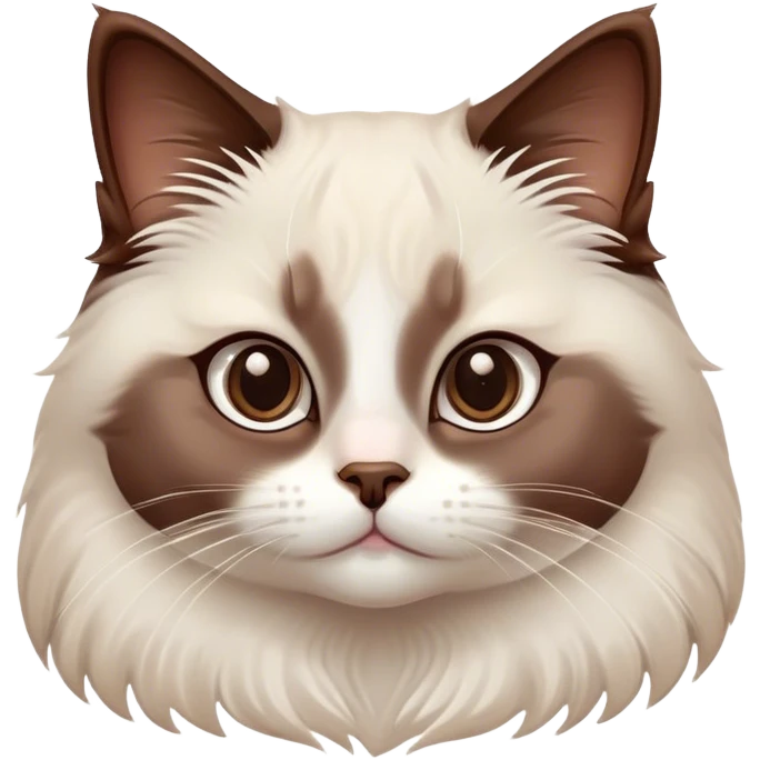 Cinematic Adorable Chocolate-Point Ragdoll Cat Portrait Emoji, Head tilted cutely with big, sparkling eyes, sleek brown and white tones with a sweet white nose, Simplified yet irresistibly adorable features, highly detailed, glowing with a soft, warm glow, high shine, affectionate and playful, stylized with a touch of whimsy, bright and endearing, soft glowing outline, capturing the essence of a curious and loving kitten, so cute it feels like it could leap out of the screen and snuggle up for a cuddle! emoji
