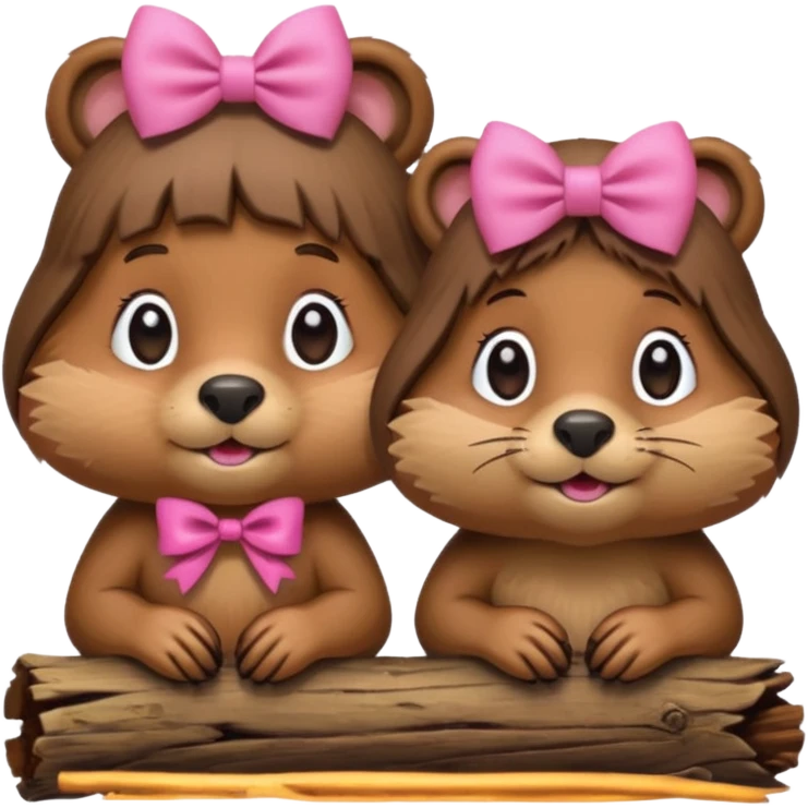 a girl beaver and a boy beaver on a log. give the girl beaver eyelashes and a bow on top of her head emoji