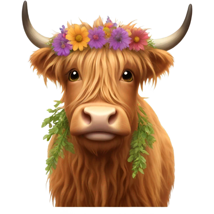 Highland cow with a flower wreath emoji