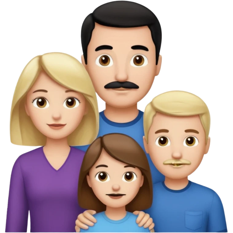 Mom with brown hair. Dad with black hair and mustache. 1 son with blonde hair. 1 son with blonde hair. 1 daughter with blonde hair. emoji